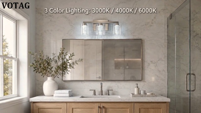 Image of LED Vanity Lights for Bathroom,3 Light Electroplated Nickel Bathroom Light Fixtures Over Mirror,3 Color Lighting with Crystal Bubble Glass&Clear Glass Shade,Modern Vanity Light for Bathroom