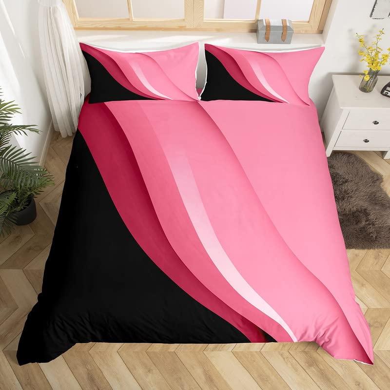 Geometric Duvet Cover Single Pink Black Abstract Stripes Bedding Set for Kids Abstract Art Comforter Cover Set Women Men Teens Ultra Soft Lines Decor Bedspread Cover Zipper Closure โ image 1