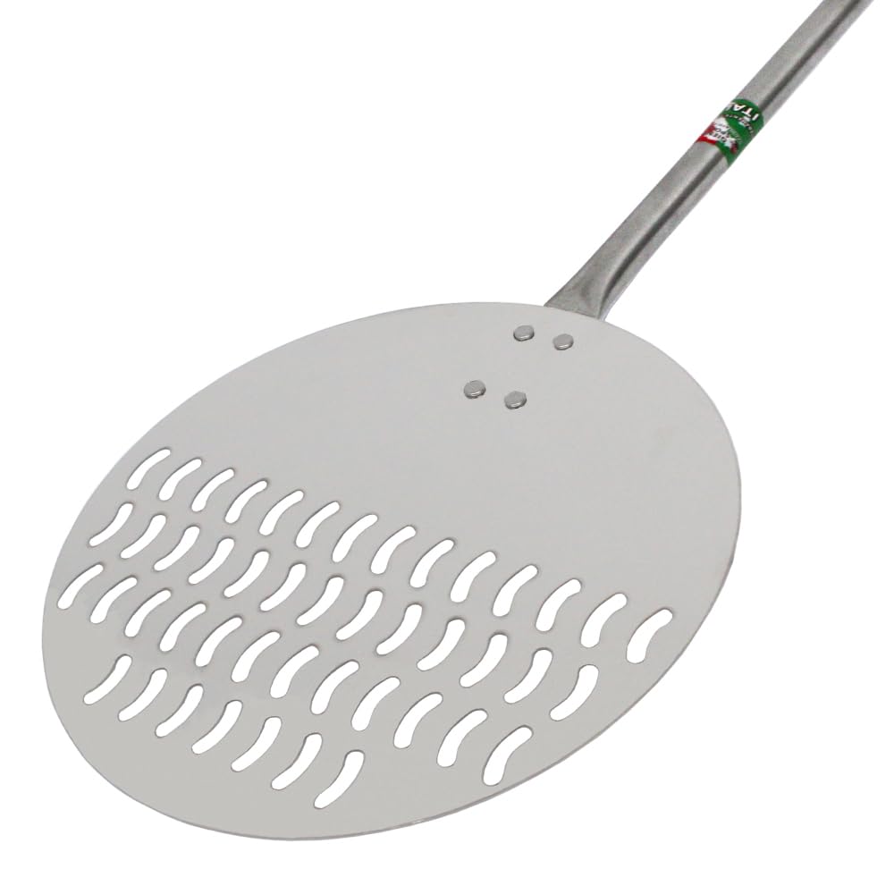 GIEMME Pala para girar la pizza - plato perforado ø 22 cm - Perilla deslizante intermedia - Acero inoxidable AISI 304 (mango 120 cm)
