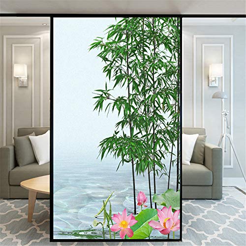 Xijier No Glue Decorative Privacy Frosted Window Film Bamboo Lotus Pattern Glass Door Window Covering Window Decals Window Sticker for Home Office 59x140cm(23