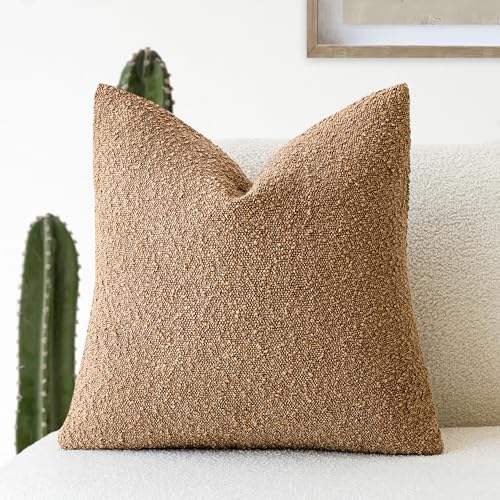 Image of Foindtower Textured Boucle Throw Pillow Covers Accent Solid Pillow Cases Cozy Soft Decorative Couch Cushion Case for Chair Sofa Bedroom Living Room Home Decor, 18 x 18 Inch,Tobacco