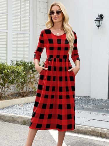 Image of Heymoments Women's Casual 3 /4 Sleeve Midi Dress Crewneck A Line Tiered Flowy Loose Travel Long Dresses with Pockets