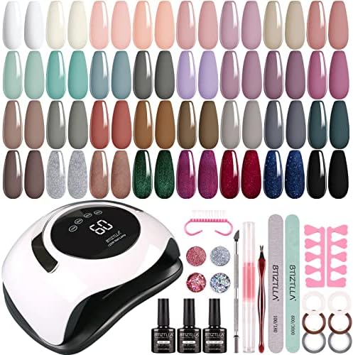Btiztlla 32 Colors Gel Nail Polish Kit with UV Light 120W Nail Dryer, Purple Brown Glitter Gel Nail Polish Set UV LED Nail Lamp No Wipe Base Top Coat Nail Art Decorations Manicure Tools Starter Kit