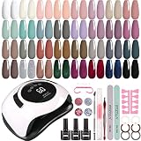 Btiztlla 32 Colors Gel Nail Polish Kit with UV Light 120W Nail Dryer, Purple Brown Glitter Gel Nail