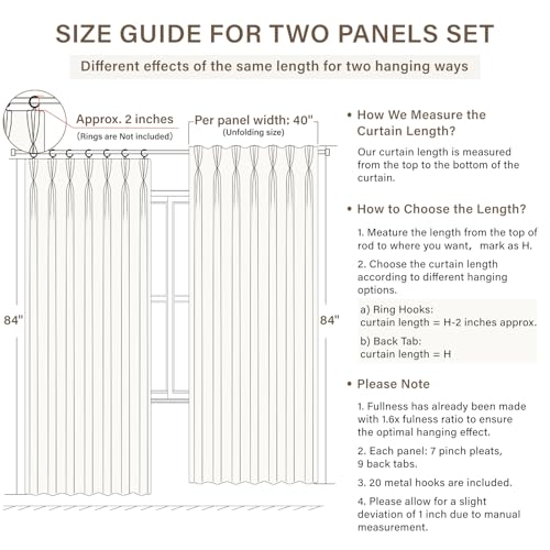 Pinch Pleated Blackout Curtains 84 Inch Long, Linen Blend, 100% Blackout Drapes with 20 Hooks, Ideal for Bedroom and Living Room, 40" W x 84" L (Pack of 2), Natural