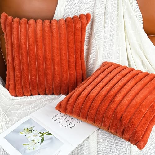 20x20 Throw Pillow Covers Set of 2, Decorative Faux Fur Covers for Bed, Couch Soft Fluffy Pillow Cover with Velvet Back for Living Room, Neutral Home Décor Accent for Sofa - Burnt Orange