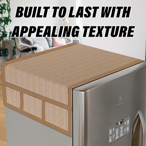 Image of Kuber Industries Fridge Top Cover | Fridge Top Cover with Pockets | Refrigerator Top Cover for Kitchen | Fridge Top Cover with 6 Utility Pockets | Barik Check Fridge Cover | Brown