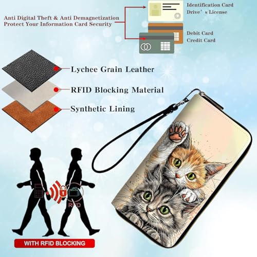 Womens Wallet, PU Leather RFID Cute Wristlet Wallets for Girls Women Ladies Purse Large Credit Card Clutch Purse Card Holder Coin Pocket Travel Wallets with Zipper, Cats3