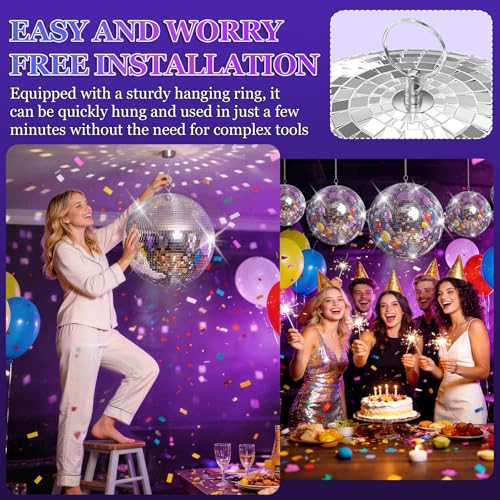 2 bolas espejadas, grandes bolas para discoteca para decoración de fiestas, bolas gigantes colgantes con baldosas reflectantes de vidrio, bola para exterior para efectos de luces DJ, celebraciones de bodas y cumpleaños (plata, 16 pulgadas + 20 pulgadas) miniatura 4