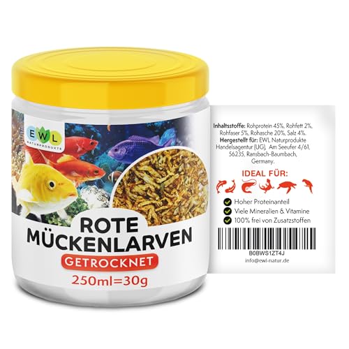 EWL Naturprodukte Rote Mückenlarven getrocknet 250 ml (30 g), Mückenlarven Fischfutter, Fischfutter Aquarium, geprüfte Qualität von deutschem Anbieter