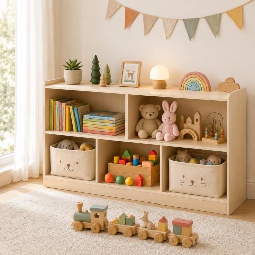 GITAWUSA Montessori 2-Tier Kids Bookshelf and Toy Storage Organizer 5-Section Wooden Cabinet Toddler Book Display for Playroom Nursery Bedroom Classroom
