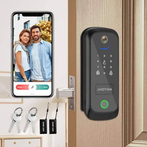 JAIOTlink 5 in 1 Smart Lock for Front Door, Keyless Entry Deadbolt with Camera & Doorbell, WiFi Secure Electronic Lock for Home, Fingerprint, Keypad, Voice Changer, Compatible with Alexa, Black
