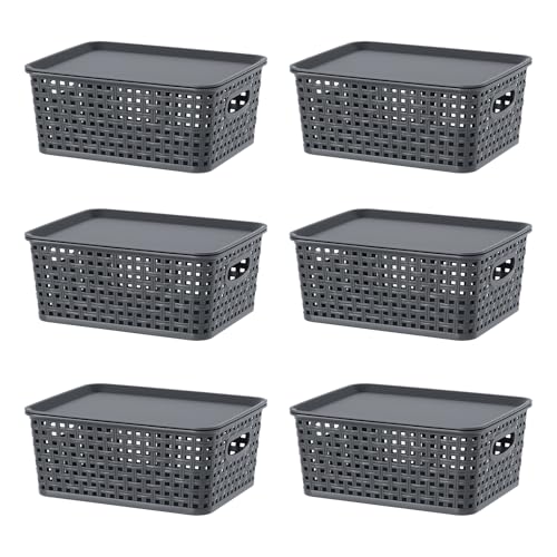 Cesta de almacenamiento de tejido de plástico gris, cajas organizadoras organizador escritorio 8