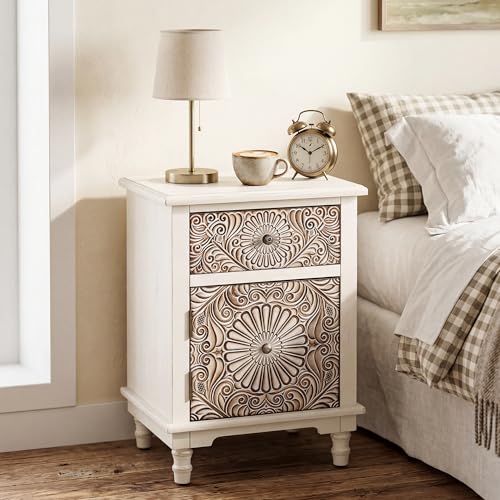 Image of HOMPUS White Nightstand with Drawer & Storage, Fully-Assembled Flower Motif Night Stand for Small Spaces, 2 Drawer End Table with Storage for Living Room, Bedroom, Distress White