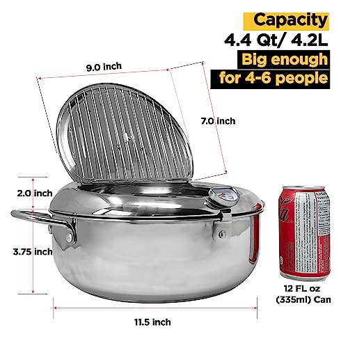 Image of Saltlas Deep Fryer Pot (F), 11 inch /4.4Qt (4.2 L) Extra Large Tempura Frying Pot with Lid, 304 Stainless Steel Fry Pot with Fahrenheit Thermometer and Oil Drip Drain Rack