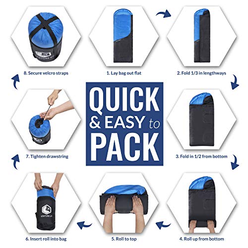 Venture 4Th 3-Season Sleeping Bag, Single, Regular Size - Lightweight, Comfortable, Water Resistant Backpacking Sleeping Bag For Adults & Kids - Ideal For Hiking, Camping & Outdoor – Blue/Gray #TOP7