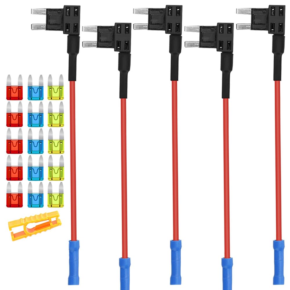 5 Sztuk 12V / 24V Mały Uchwyt Bezpiecznika, Kran Bezpiecznika Samochodowego z Przewodem 16 AWG, Bezpłatne 15 Sztuk Mini Bezpieczników i Ściągacz Bezpieczników (Terminal Zaciskany)