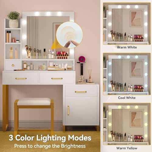 Image of DWVO Vanity Desk with Mirror and Lights | Makeup Vanity with 3‑Mode Lighting and Power Outlet, Vanity Desk with Multiple Storage Drawers, Shelves, Cabinet and Stool