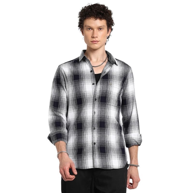 Campus Sutra Men's Polycotton Ombre Buffalo Check Shirt |Casual-Wear | Spread Collar | Long Sleeve | Button Closure | Shirt Crafted with Comfort Fit for Everyday Wear in neutral
