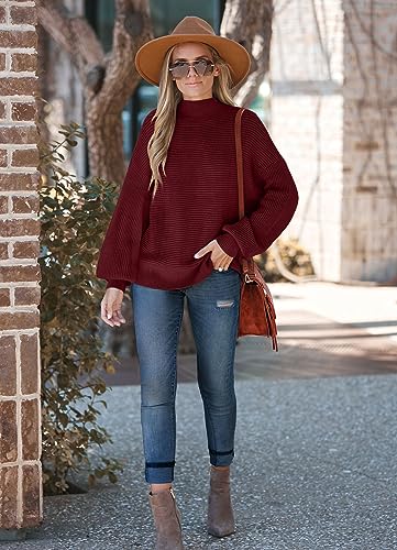 Womens Sweaters 2023 Fall Winter Ribbed Knit Lantern Sleeve Oversized Pullover Tops2