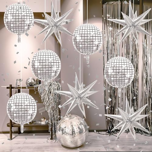 Image of 9 Pcs Silver Foil Balloons 22 Inch Metallic Silver Disco Ball Balloons Chrome Explosion Stars Balloon for Birthday Bachelorette 70s 80s 90s Themed Graduation Retro New Year Prom Party Decor