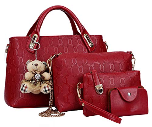 Women 4 Pcs Set Top Handle Satchel Hobo Handbag Tote Clutch Shoulder Bag Purse Card Holder with Bear Ornament Red