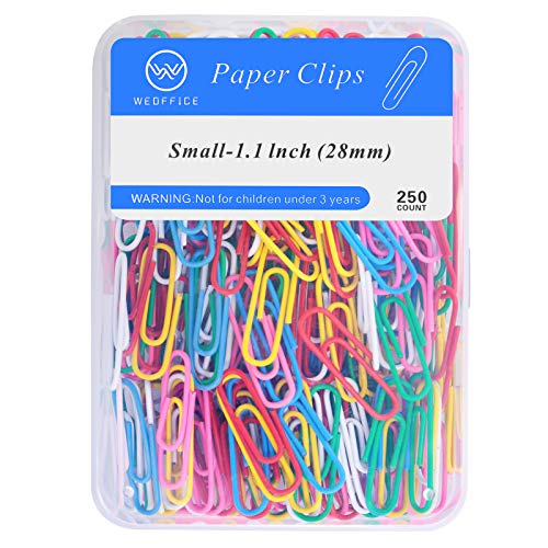 WEOFFICE Colored Small Paper Clips - Mini Size of Approximately 1 Inch (28mm) Paperclips for Office - 250Pcs