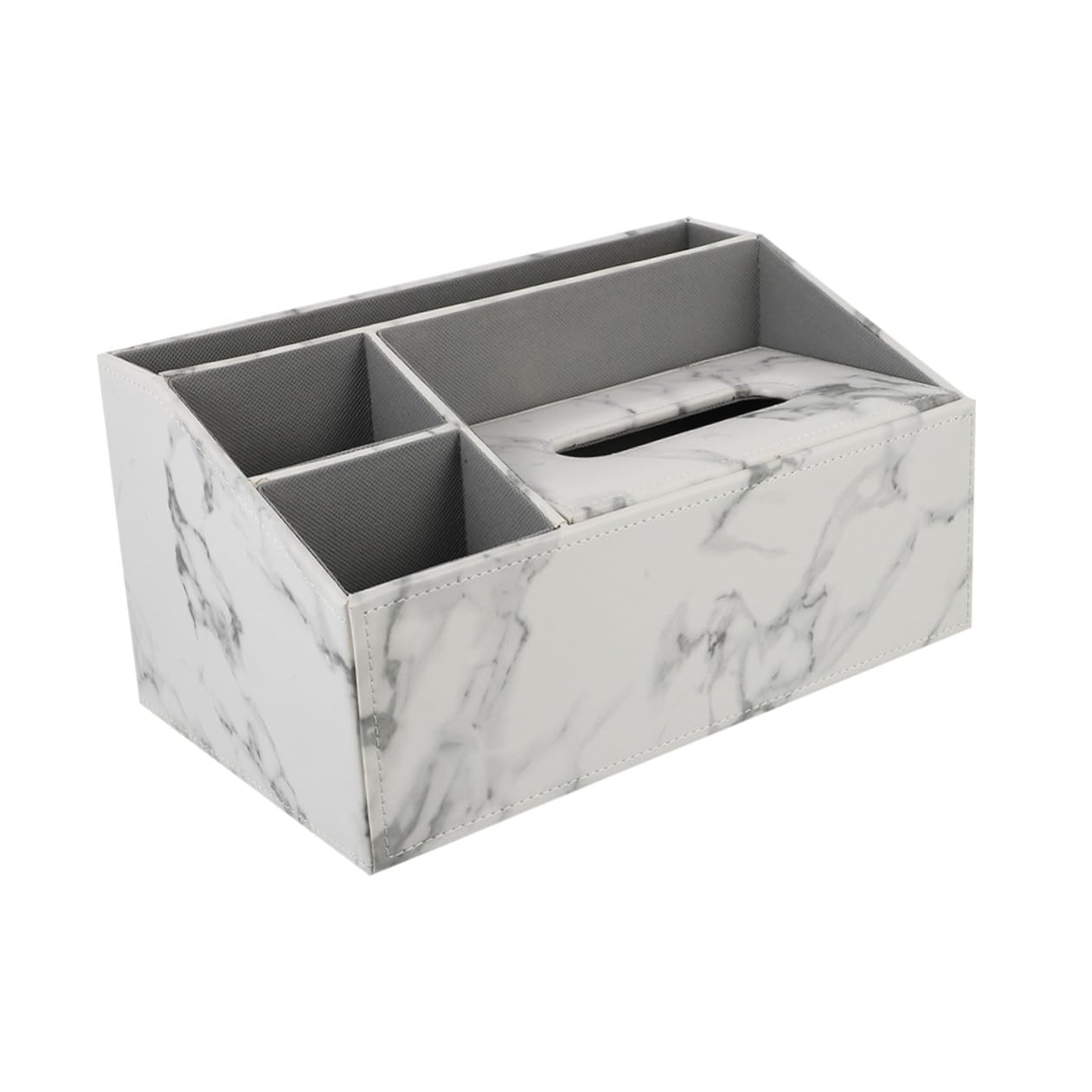 Caja Organizadora Multifuncional de Escritorio Soporte para Mando a Distancia, Cuero Grueso Veta de Mármol Claro y Gris, 3 Compartimentos para Hogar y Oficina