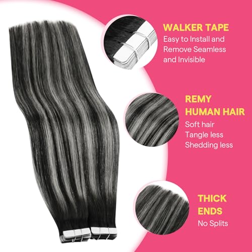 Image of Ve Sunny Hair Tape in Hair Extensions Human Natural Black Ombre Sliver Grey | Hair Tape Extensions,Add Fullness,Natural Black Ombre Sliver Grey,Straight Smooth,for Prom Party,12Inch 20g 10Pcs