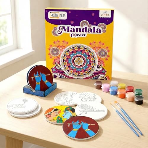 Image of HOBBY INDIA Krishna Mandala Art Kit for Adults and Kids | DIY Tea Coaster Set of 6 with Painting Kit | Unique Art and Craft Kit Gift | Perfect Coaster for Office Desk, Dining Table Kitchen Decoration
