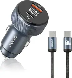 Carregador Veicular Turbo 60w, kit com Cabo Premium, Carregamento Ultrarrápido carregador de carro com entrada USB 3.0+Tipo C com LED, Portas Inteligentes, Compatível com Android, iPhone e Tablets