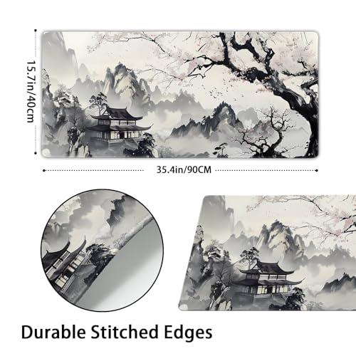 Image of Japanese Mouse Pad XXL 35.4 X 15.7 Inch Anime Style Art Design Extended Large Gaming Mousepad Keyboard Full Desk Mat Non-Slip Rubber Base Stitched Edges for Home Office