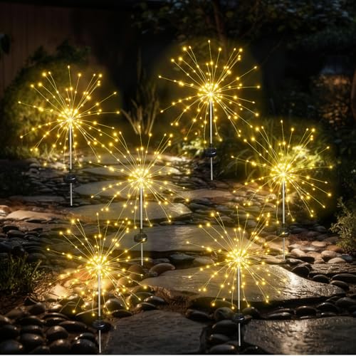 Aureate Horizon Solar Garden Firework Lights Outdoor Waterproof 6 Pack Solar Lighting with 8 Lighting Modes 120 LED Sparklers String Lights for Outside Decor Yard Pathway Decorations(Warm)