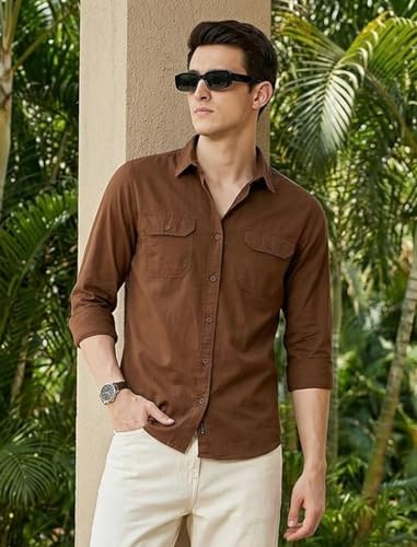 Image of IndoPrimo Men's Cotton Shirt with Stylish Flap Pockets Full Sleeves Spread Collared Neck Solid Pattern Western Style Classic Fit and Standard Length