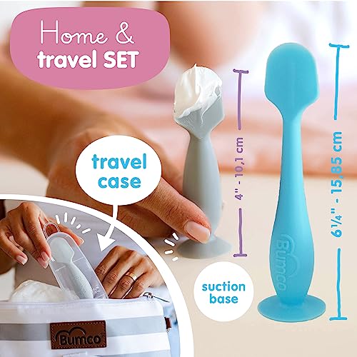 Image of Bumco Baby Bum Brush + Mini Baby Diaper Cream Spatula with Case - BPA-Free Silicone Diaper Spatula with Suction Cup, Wipe-Clean, Mom-Invented Butt Paste Applicator (Blue & Gray)