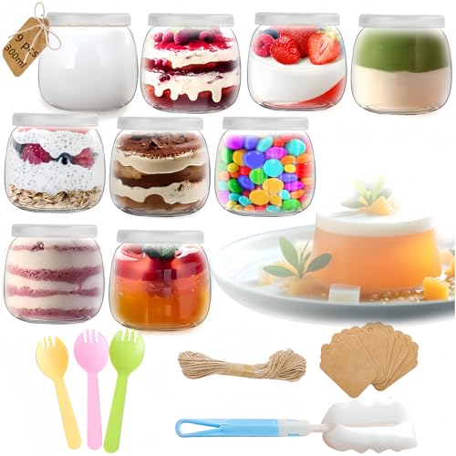 Rliocvhe 300 ml Tarros de Yogur Transparentes con Tapa 9 Piezas, Recipientes de vidrio para pudín y yogur,tarros de Cristal pequeños con tapas para conservas, mermeladas, jaleas, miel, postres