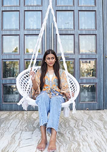 Image of Swing for Adults /Jhula for Adults /Wooden Swing for Living Room /Swing for Balcony /Swing Chair /Swing for Adults for Home /Large Cotton Round Hammock Hanging Swing (White-32 Inches) by Patiofy