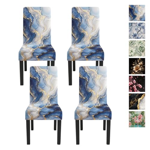Image of Blue Marble Dining Chair Covers Set of 4, Gold Vein Slipcovers