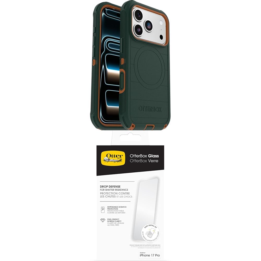 OtterBox Defender Series Pro MagSafe funda para iPhone 17 Pro, Testada 7x con estándares Militares anticaídas, Verde + OtterBox Glass Protector de Pantalla de Cristal Templado para iPhone 17 Pro