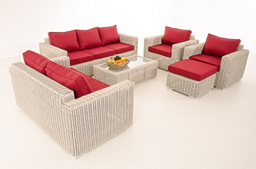 Mendler 3-2-1-1 Sofa-Garnitur CP050 Lounge-Set Gartengarnitur Poly-Rattan ~ Kissen rubinrot, perlweiß