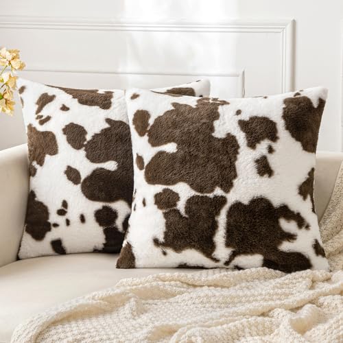 The 10 Best Color Throw Pillows for Brown Leather Couch to Elevate Decor 8 Woaboy Pack of 2 Luxury Faux Fur Throw Pillow Covers Cowhide Decorative Soft Fluffy Plush Couch Throws Brindle Cushion Covers for Couch Living Room Sofa Bedroom 18x18 Inch,Coffee