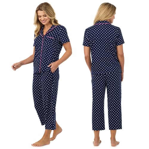 Image of Cuddl Duds 2 Piece Short Sleeve Capri Matching Pajamas for Women PJs Set | Cropped Capris Pants & Button Up Top, Sleepwear & Loungewear, Cute Sleep & PJ Set, Soft Lightweight & Breathable Pajamas
