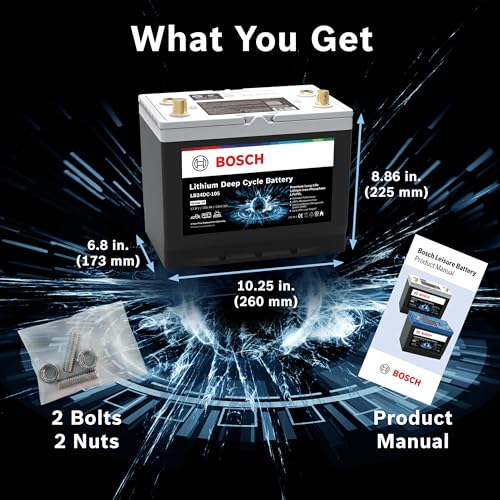 Image of BOSCH LB24DC79 Deep Cycle Battery 79 Ah - 12 V Group 24 - Lithium Battery, LiFePO4 - For Marine Boats, Trolling Motors and RVs - Sleep-wake Function, Charge Indicator, BMS - 10.25″ x 6.8″ x 8.86″