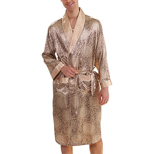 Men's Summer Luxurious Kimono Robe Soft Satin Bathrobe Long-Sleeve Nightgown Printed Pajamas Gold, Small/Medium4