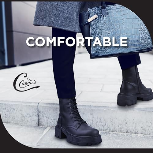 CANDIE'S Regine Lace Up Combat Boots for Women, Mid-Calf Lace Up Boots, Platform Lug Sole Heeled Boots with Side Zip, Chunky Heel Black Boots2