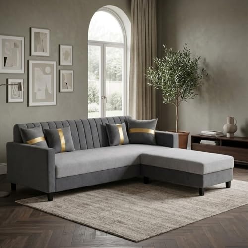 Image of CASASTYLE Korion 4 Seater L Shape Sofa Set with Movable Ottoman | Flexible Left or Right Layout | Cozy Velvet Fabric | Soft Touch Seating | Modern Designer Sofa for Living Room (Dark Grey-Light Grey)