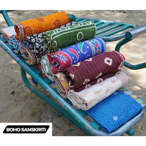 Boho Sanskriti GUDRI-P Indian Quilt Vintage Bedspreads,Throws,Ralli, Lot Kantha Reversible Bedcover Bedspread Throw Cotton Blanket Gudari -Single Pieces thumb #7