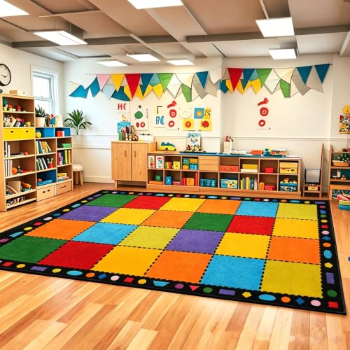 Image of Booooom Jackson Classroom Rug - 7'6''x13' Warm Confetti Block Preschool Classroom Carpet, Non-Slip & No-Trip Edges, Vibrant Colors for Kids Playroom Floor Mat