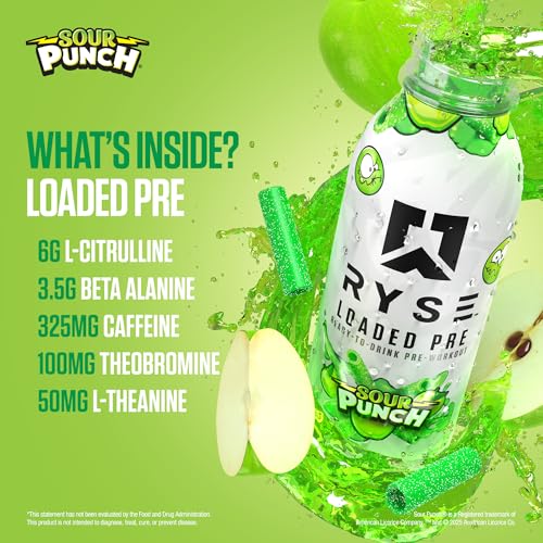 Image of RYSE Loaded Pre Workout Drink - Sour Punch Green Apple - Sugar-Free, Ready to Drink Energy Supplement with 325mg Caffeine, Citrulline & Beta Alanine for Focus & Pump - 12 fl oz Bottles (Pack of 12)