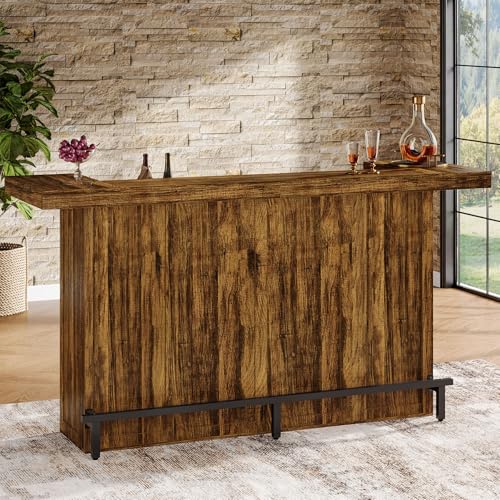 Tribesigns 4-Tier Bar Table 70.9-Inch Large Wood Home Bar Unit with Wine Glass Holder and Black Footrest Pub Table with Storage Shelves for Kitchen Indoor Brown